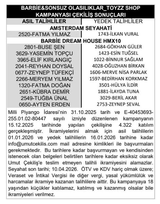 Barbie Toyzz Shop Çekiliş Sonuçları