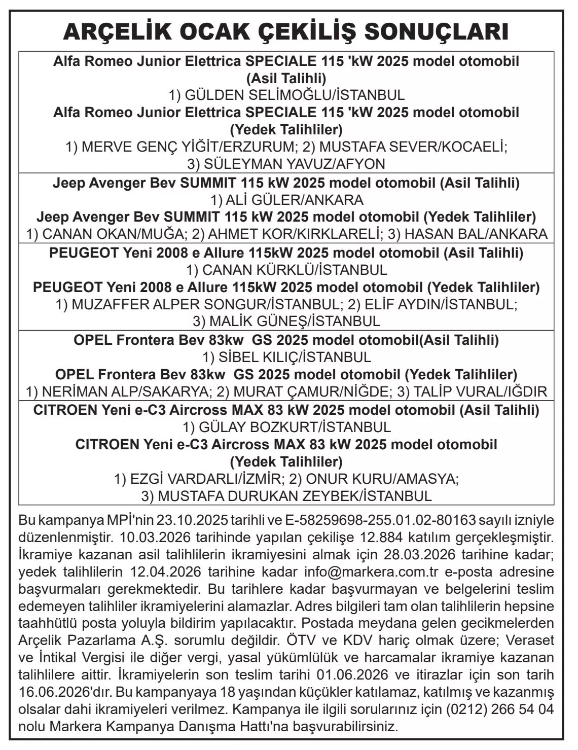 Arçelik Çekiliş Sonuçları