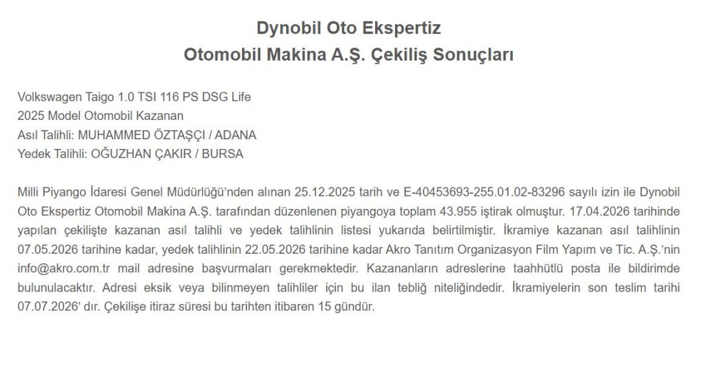 Dynobil Oto Ekspertiz Çekiliş Sonuçları