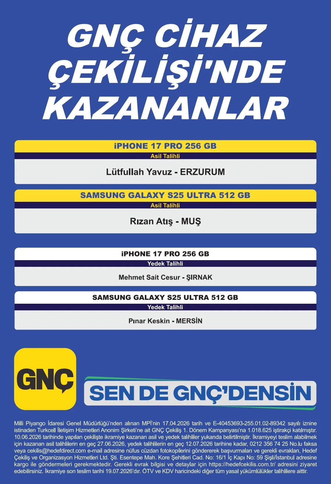 Turkcell GNÇ Cihaz Çekiliş sonuçları
