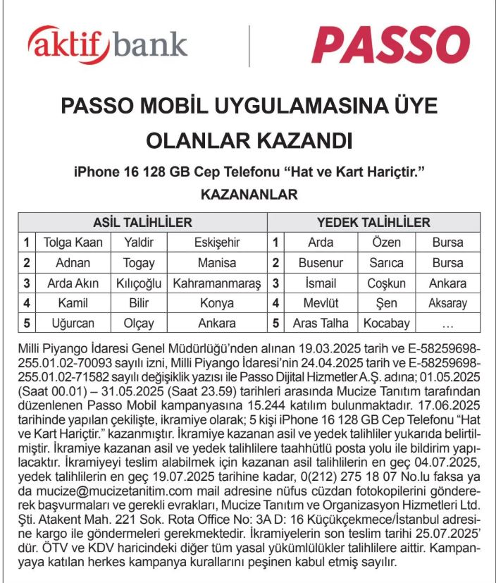 Aktif Bank Passo Mobil Çekiliş Sonuçları