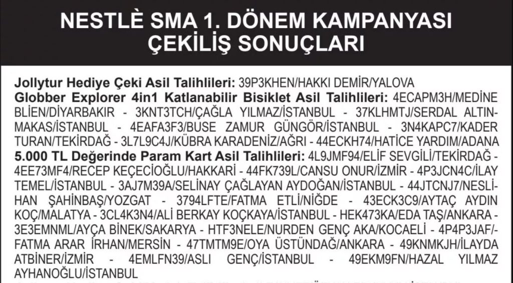 Nestle SMA 1. dönem çekiliş sonuçları