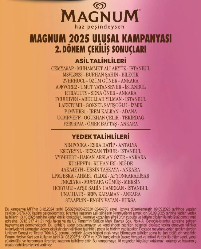 Magnum Porsche Taycan Çekiliş sonuçları 2.dönem
