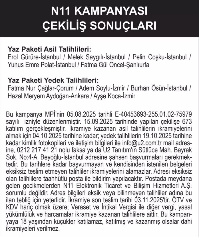 N11 Kampanyası Çekiliş Sonuçları