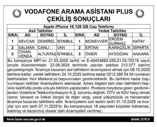 Vodafone Arama Asistanı Çekiliş Sonuçları