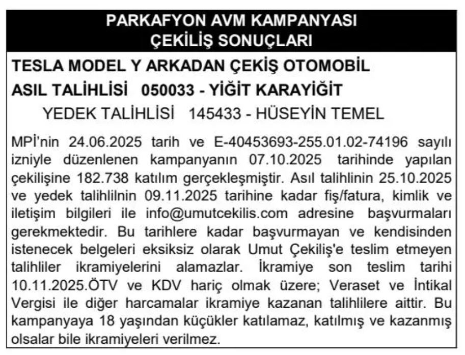ParkAfyon AVM Tesla Çekiliş Sonuçları