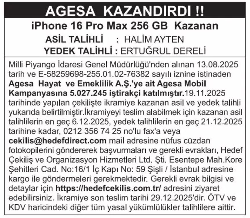 AGESA Çekiliş sonuçları