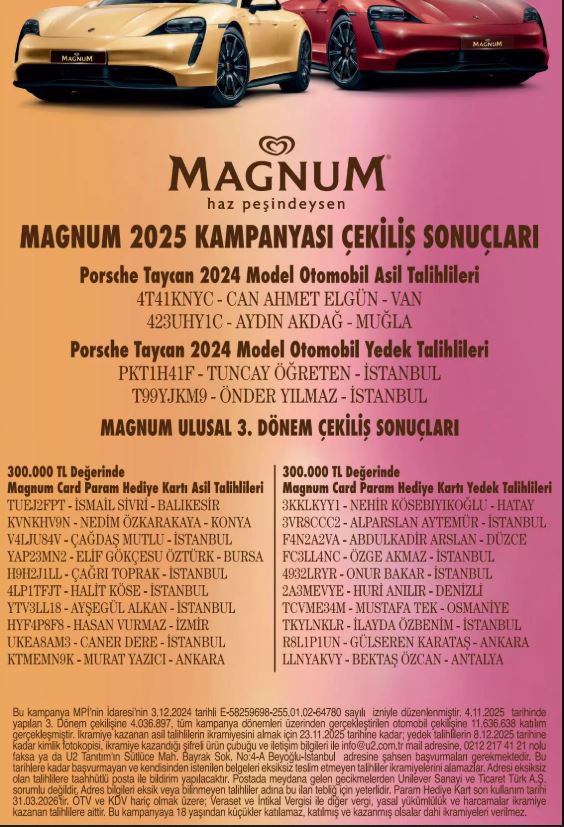 Magnum Porsche Taycan Çekilişi sonuclari