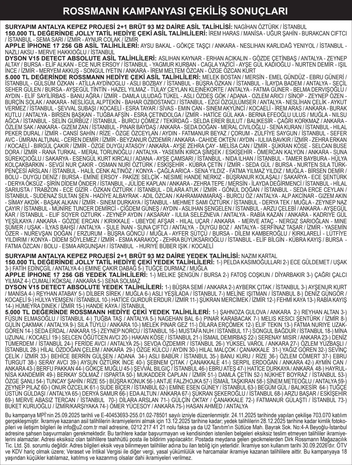 Rossmann Kampanyası Çekiliş Sonuçları