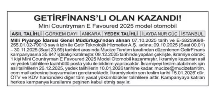 GetirFinans Mini Çekiliş Sonucu