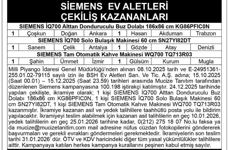 Siemens Ev Aletleri Çekiliş Sonuçları