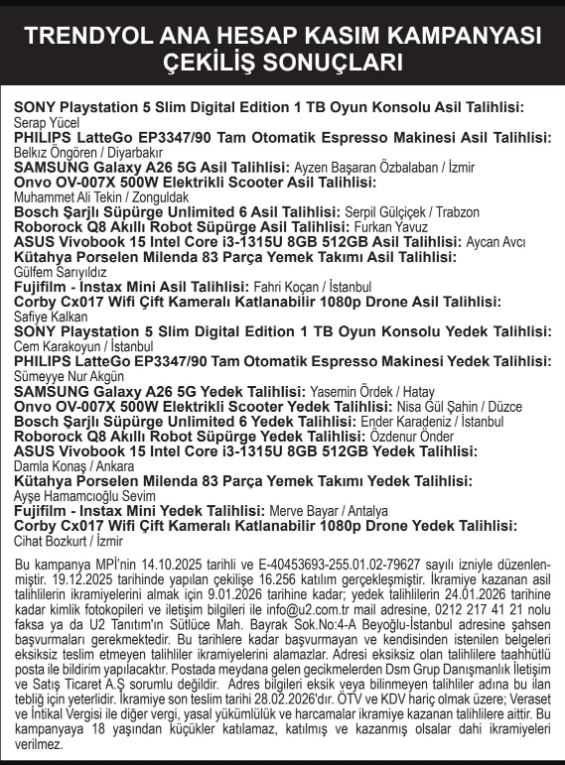 Trendyol Ana hesap Kasım Kampanyası Çekiliş Sonuçları