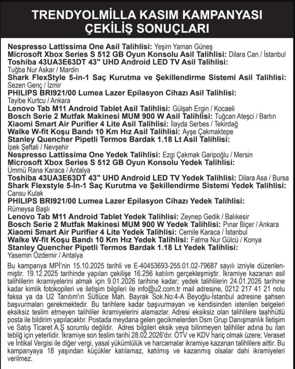 Trendyol Milla Kasım Çekiliş Sonuçları