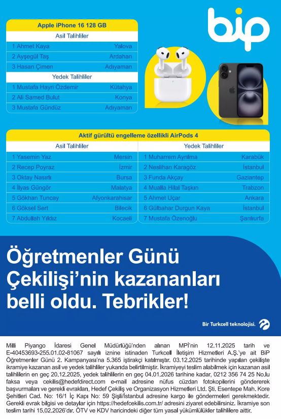 Turkcell BİP Öğretmenler Günü 2. Çekiliş Sonuçları