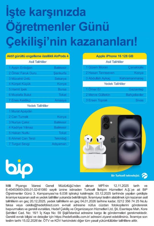 Turkcell BİP Öğretmenler Günü 3. Çekiliş Sonuçları