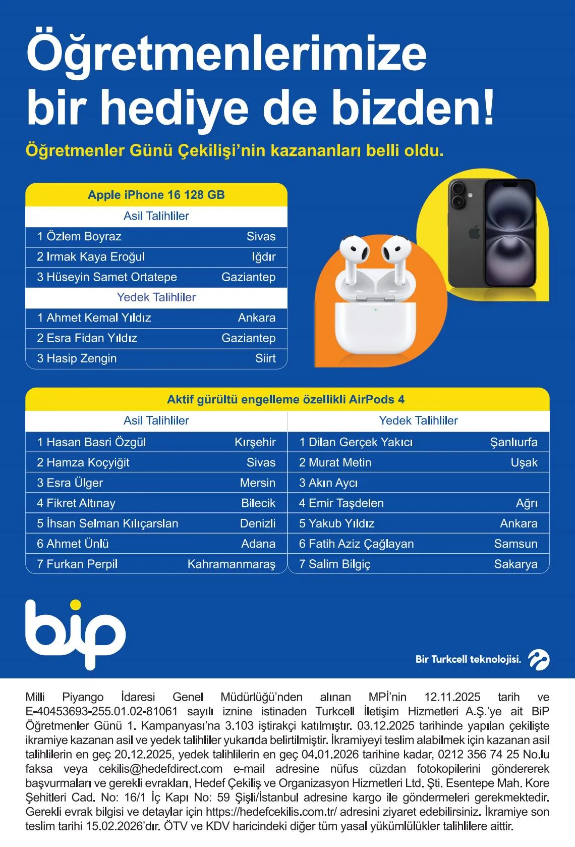 Turkcell BİP Öğretmenler Günü 1. Çekiliş Sonuçları