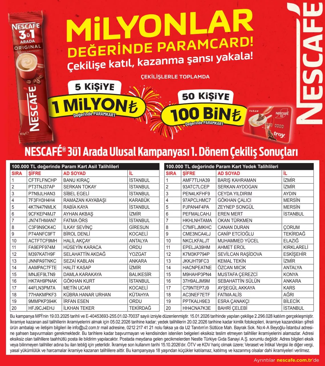 Nescafe Hediye Kart Çekiliş Sonuçları