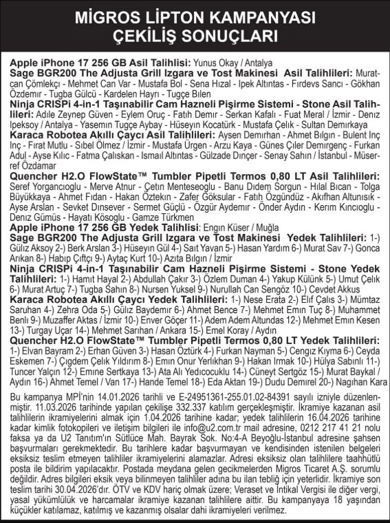 Migros Lipton Çekiliş Sonuçları