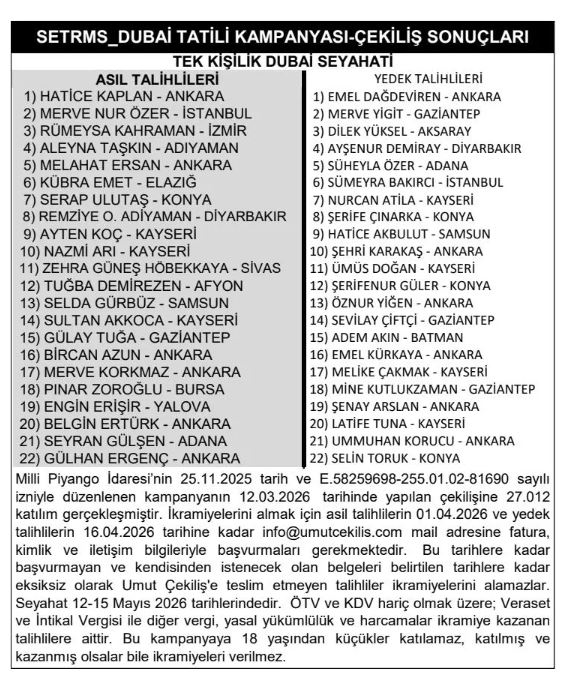 Setrms Dubai Çekiliş Sonuçları