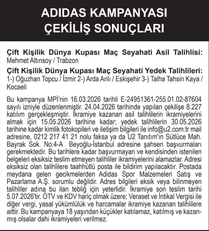 Adidas Kampanyası Çekiliş Sonuçları