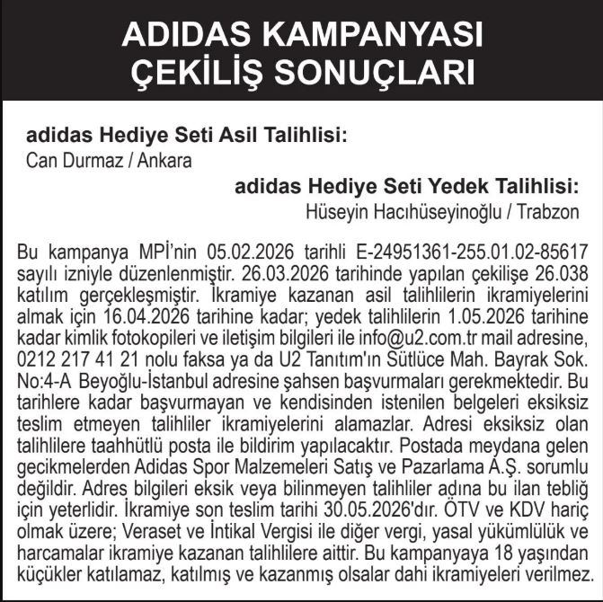 Adidas Kampanyası Hediye Seti Çekiliş Sonuçları