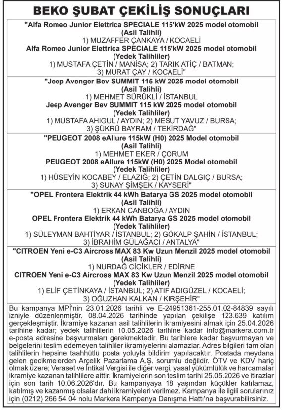 Beko Şubat Çekiliş Sonuçları