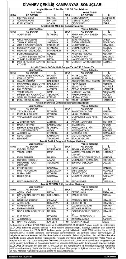 Divanev Çekiliş Sonuçları