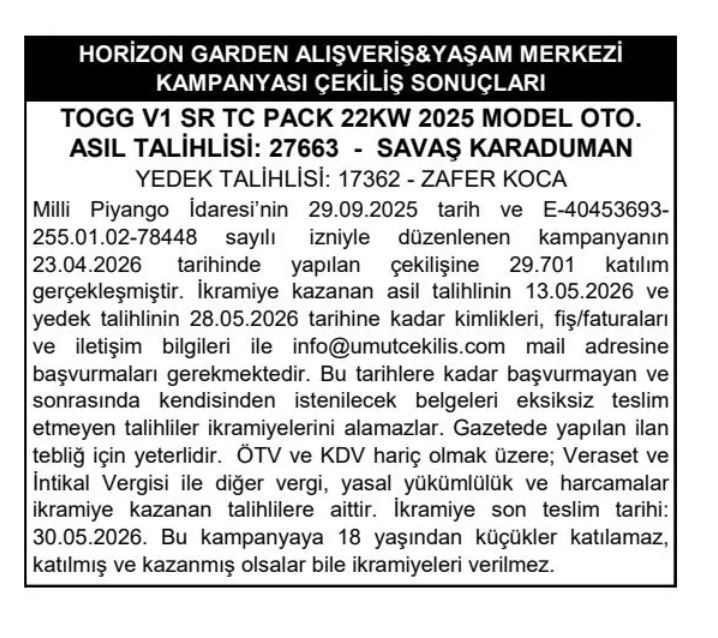 Horizon Garden AVM TOGG çekiliş sonuçları