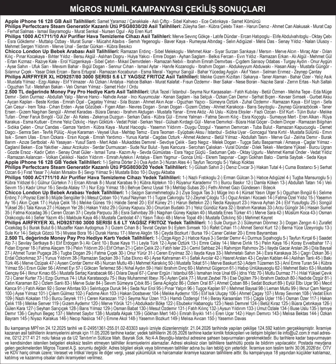 Migros Çekiliş Sonuçları