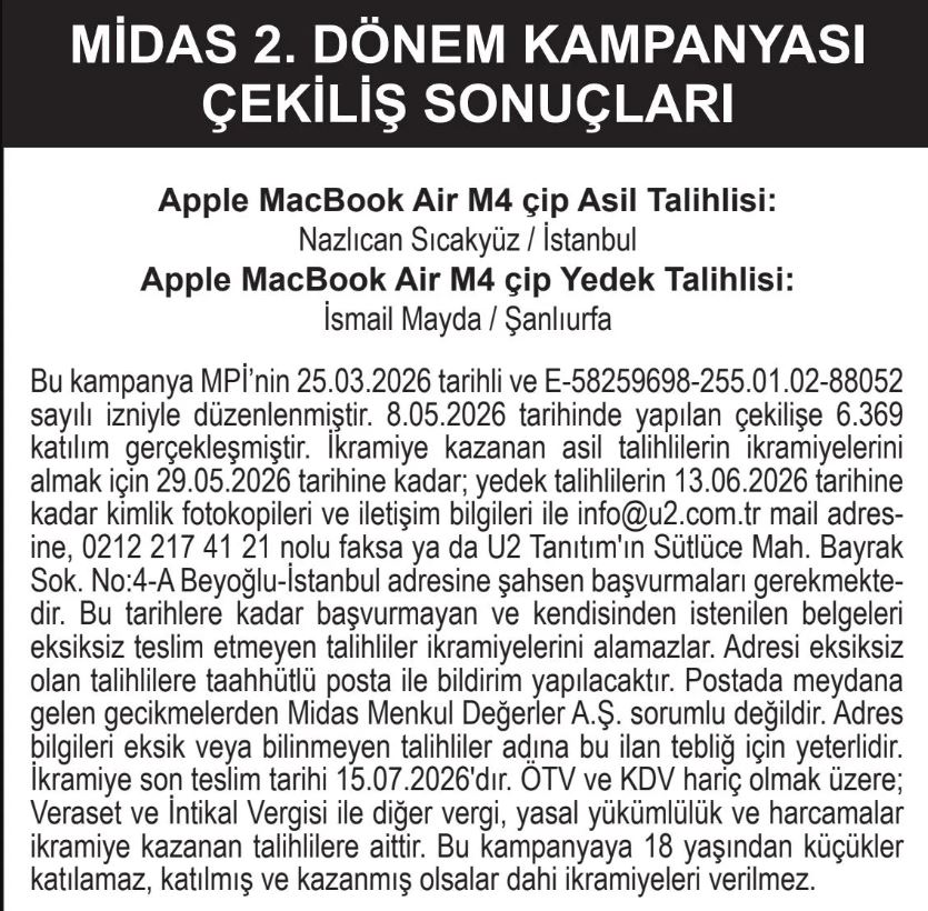 Midas 2. Dönem Çekiliş Sonuçları