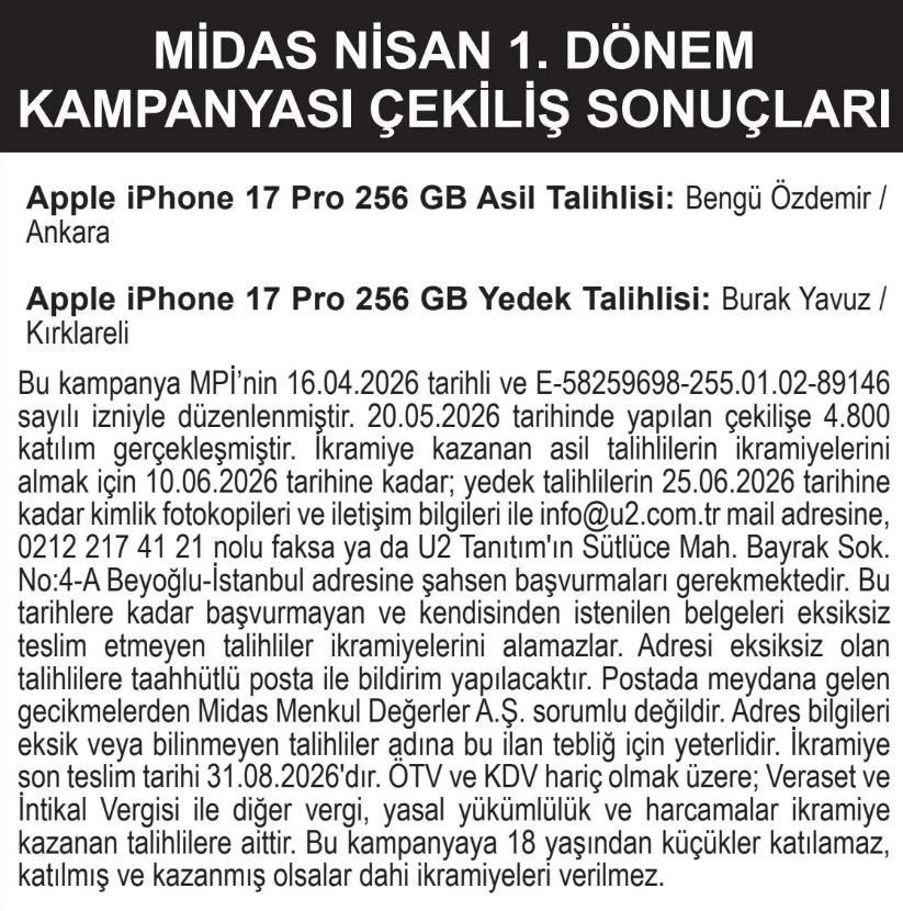 Midas 1. Dönem Kampanyası Çekiliş Sonuçları
