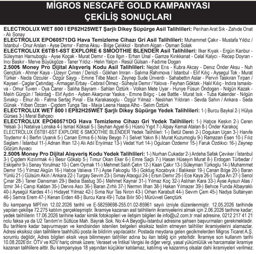 Migros Nescafe Gold Çekiliş Sonuçları