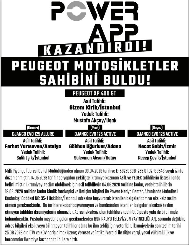 Power APP Peugeot Motosiklet Çekiliş Sonucu
