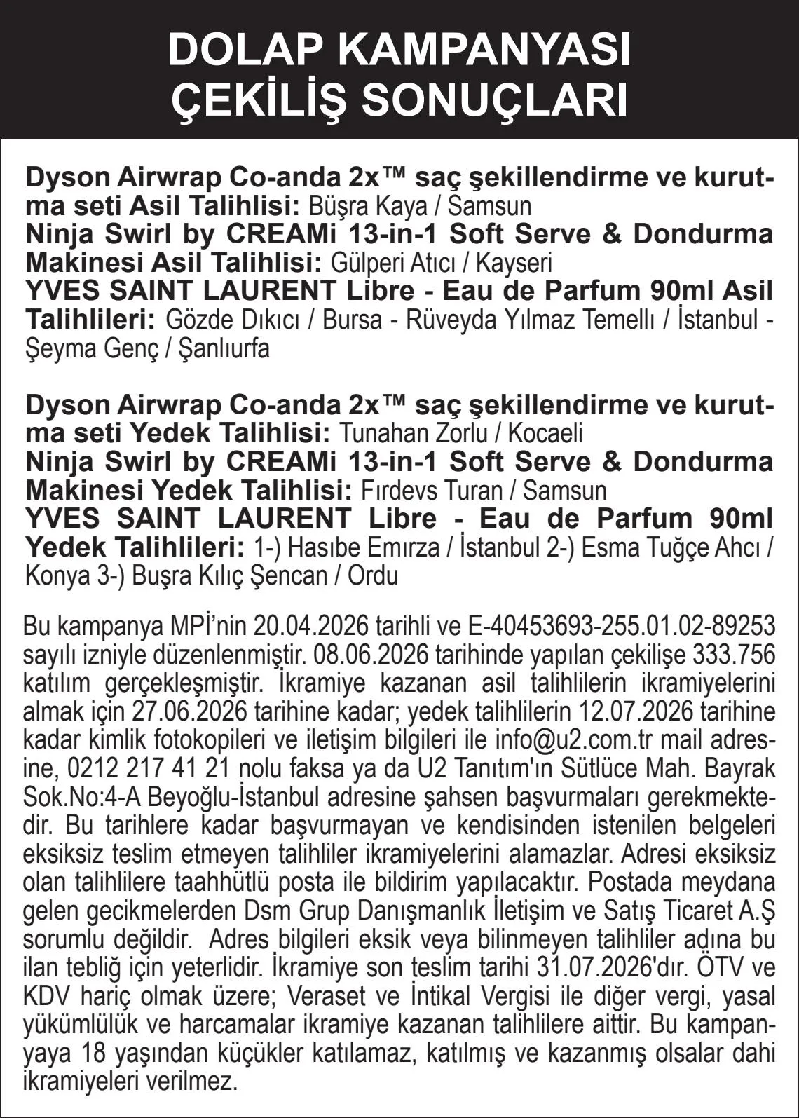 Dolap Kampanyası Çekiliş sonuçları