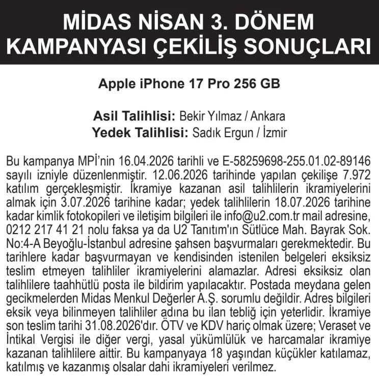 Midas Nisan Çekiliş Sonuçları