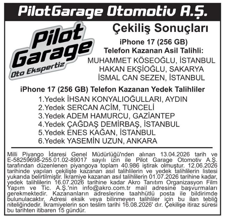 Pilot Garage iPhone 17 Çekiliş Sonuçları