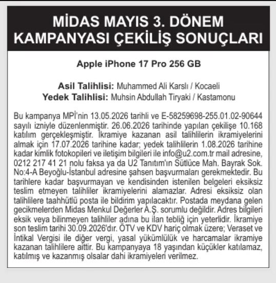Midas Mayıs 3. Dönem Çekiliş Sonuçları