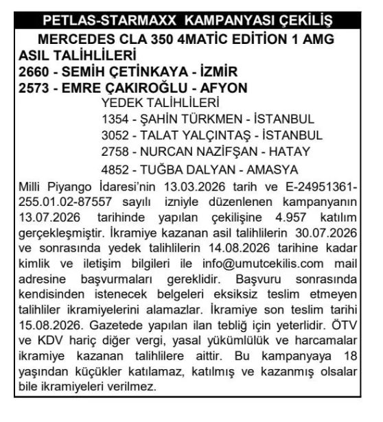 Petlas starmaxx Çekiliş sonuçları