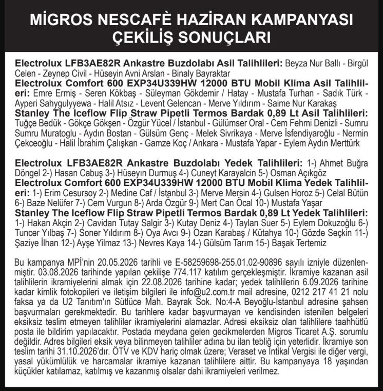 Migros Nescafe Haziran Çekiliş Sonuçları