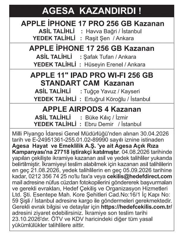 agesa çekiliş sonuçları