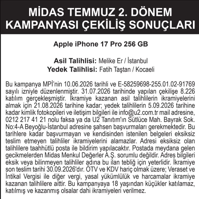 Midas Temmuz 2. Dönem Çekiliş Sonuçları