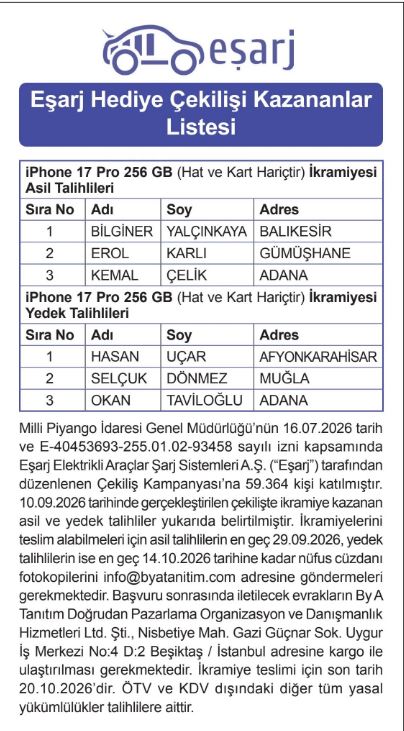 Eşarj Hediye Çekiliş Sonuçları