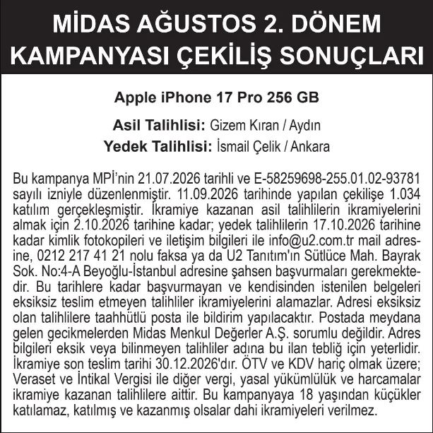 Midas Ağustos 2. Dönem Kampanyası Çekiliş Sonuçları
