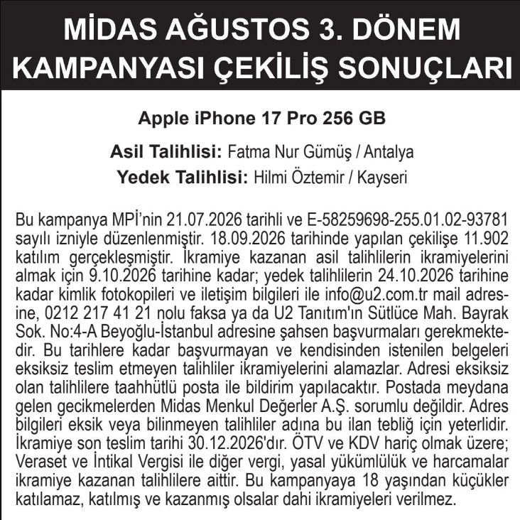 Midas Ağustos 3. Dönem Kampanyası Çekiliş Sonuçları