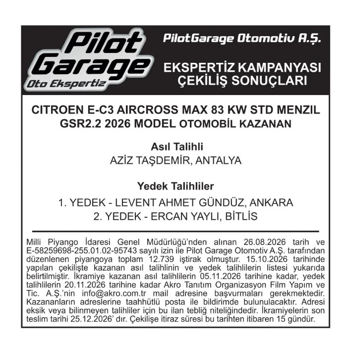 pilot garage çekiliş sonuçları 2026