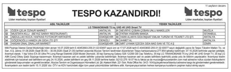 tespo çekiliş sonuçları